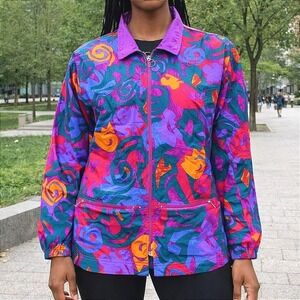 Vintage 90s Nike Track Jacket Womens Large Pink Abstract Floral Neon Windbreaker